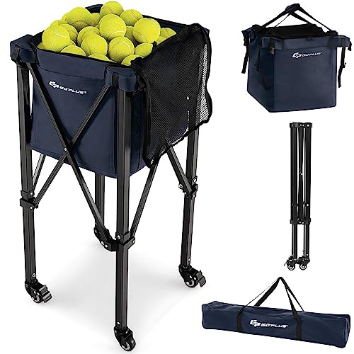 COSTWAY Tennis Ball Cart, Wheeled Tennis Hopper with Removable Bag, Side Pockets & Carry Bag, Lightweight Sports Teaching Basket Holds 150 Tennis Balls (Blue)
