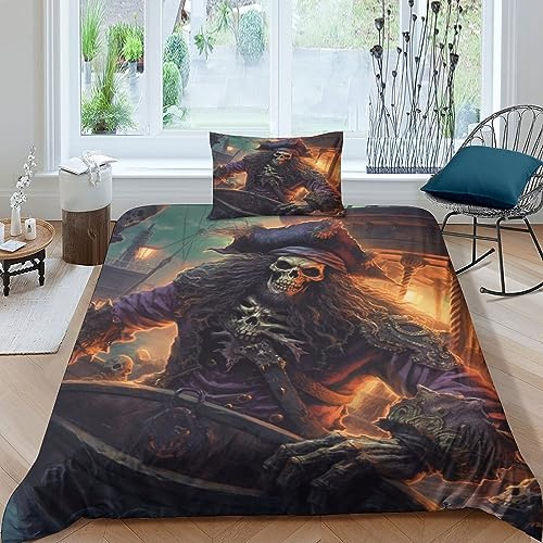 AYSUM Bettwäsche 135x200cm Gotisch Skelett der Kapitän der Piraten, Caribbean Skelett Totenkopf Bettbezug Set 2 Teilig, Kinder bettwäsche mit schädel Muster