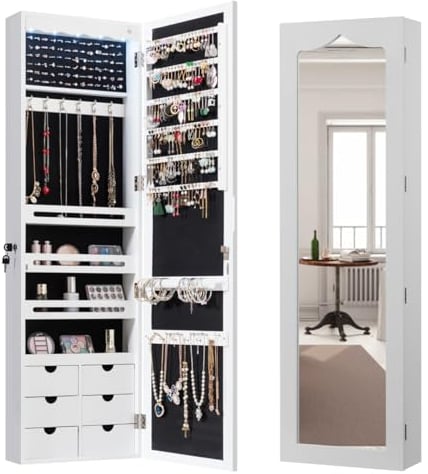 HOMASIS 2-in-1 Armadietto Portagioie da Appendere con Luci a LED, Specchio Portagioie Elegante in Legno, Portagioielli da Parete e da Porta con 6 Cassetti, 36,5 x 11,5 x 120 cm (Bianco)