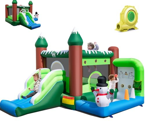 COSTWAY Château Gonflable sur Thème l'hiver avec Toboggan & Souffleur 680W, Maison de Saut Gonflable avec Panier & Lancer d'Anneaux, Intérieur Extérieur, Charge 135kg pour 3 Enfants de 3-10 Ans