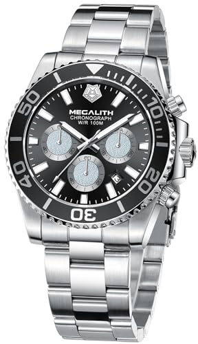 MEGALITH Herrenuhr-Silber Edelstahl Chronograph Armbanduhr-Herren - Designer Uhren Herren 10ATM Wasserdicht Leuchtend Uhren mit Datum Analog Quarz - Geschenk für Männer