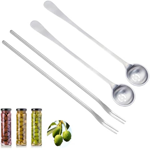 4 PCS Olive Spoon and Pickle Fork, 7.5 Inch Olive Spoons with Holes, 8.6 Inch Pickle Forks for the Jar, Stainless Steel Long Handle Food Picker for Pickle, Asanta Jars Serving Spoon and Fork Set