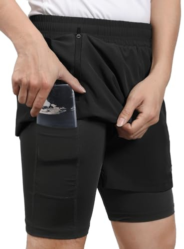 ARSUXEO Running Shorts Mens 2 in 1 Shorts Gym Shorts B191 with 2 Zipper and 1 Phone Pockets B1911 Black M