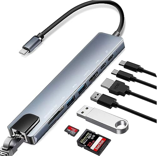 8 en 1 Hub/Adaptateur USB C avec RJ45 Ethernet, 4K HDMI, 100W PD, Lecture de Carte SD/TF, 2 Ports USB 3.0, Type C Adaptateur Multiport pour MacBook Pro/Air, iPad Pro, iMac, Série iPhone16/15, Galaxy
