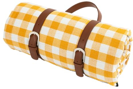 Pesoncarl wasserdichte Picknickdecke mit Tragegriff, Mehrzweck-Strandmatte für Reisen, Camping, gelb und weiß kariert, Picknickdecken