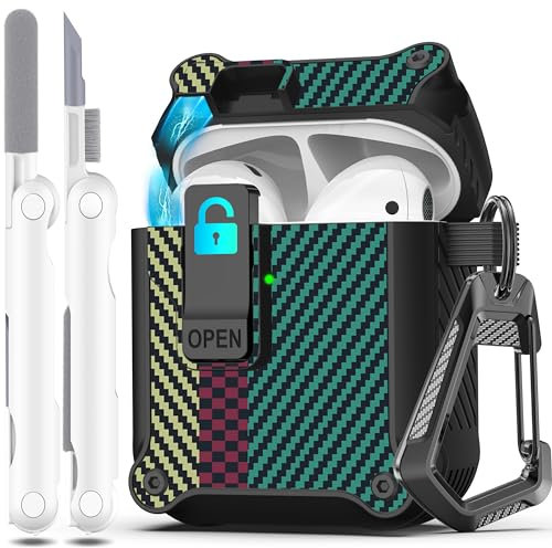 R-fun Compatible con AirPods 2.ª generación 2019, 1.ª Gen 2016 Funda Protectora, Total contra caídas, Tapa emergente automática para Funda Apple Airpods con Kit de Limpieza,Fibra de Carbono Verde