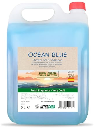 Pack 4 garrafas gel y champú 2 en 1 Ocean Blue 5 litros – total 20 litros – fórmula con pH neutro para uso frecuente – higiene completa en hoteles, centros deportivos o alojamientos – Intercabo