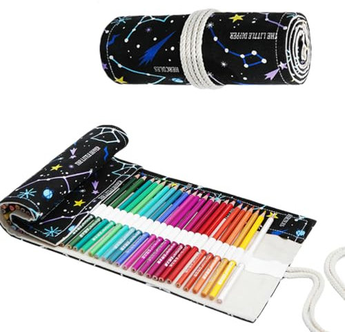 Federmappe, 72 Löcher Federmäppchen, Leinwand Pencil Wrap, 72 Slots Bleistift Wrap, Stiftrolle, Mäppchen Groß, Leinwand Stifterolle Tragbar Tasche, für Buntstifte, Skizzen, Zeichnungen, Mehrfarbig