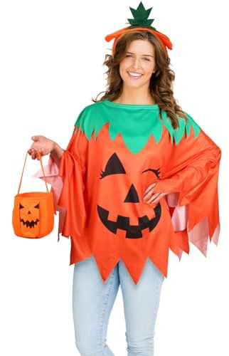Mikovivi 3pcs Deguisement Halloween Citrouille Femme, Déguisement Citrouille Adulte Costume Poncho Adulte avec Bandeau et Sac pour Vêtements de Fête Cosplay Thème Citrouille Unisexe
