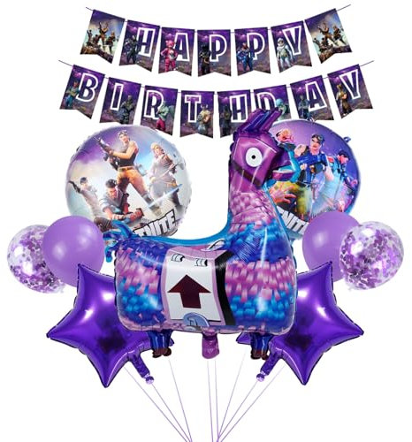 10PCS Video Game Foil Balloons, Fort-nite Gaming Party Decorations, Happy Birthday Banner, Party Supplies for Kids