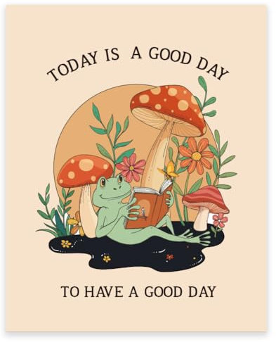 GOMAKERER 1 Stück Süßer Frosch Im Pilz Wandbild, Einen Guten Tag Zu Haben Wandposter Ungerahmt Positive Zitate Inspirierende Drucke Vintage Handgemaltes Poster Für Home Office