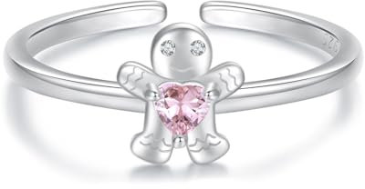 Qings Anello di Natale Argento 925 Anelli Aperto Regolabile di Pan di Zenzero con Rosa Zirconia Regali di Compleanno Xmas Gioielli per Donne