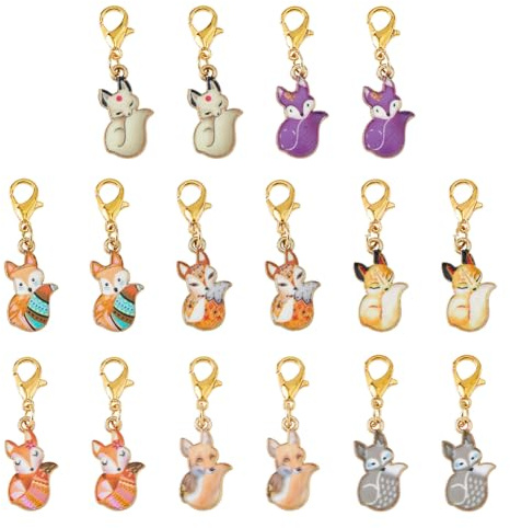 Hobbspring 16Pcs Clip auf Charme Anhänger 8 Farben Emaille Tier Reize mit Karabinerhaken Fuchs Legierung Reißverschluss Anhänger für Tasche Handtasche Schlüsselanhänger Halskette Schmuck machen