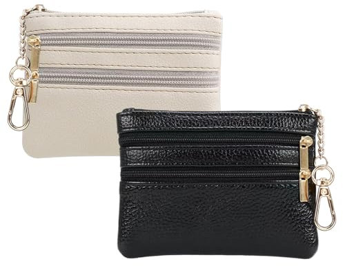 2 Stück Schlüsseltasche Schlüsseletui aus Leder, Mini Geldbörse Damen Schlüsseletui, Schlüsseltasche Damen und Herren, Schlüsseltasche Leder mit Münzfach, Schwarz & Warme Beige