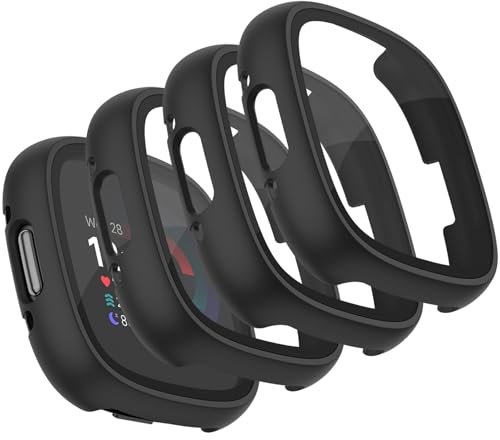 Mugust【4 Stück】 Schutzfolie für Fitbit Versa 4 Schutzhülle, Hard PC Cover Vollschutz Display Schutz Hülle für Fitbit Sense 2 Schutz Case (Schwarz*4)