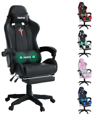 PORIYA Gaming Chair with Adjustable Backrest, Ergonomic Executive Office Chair, Height Adjustable Racing Chair 2-Point Massage Reclining Computer Chair Capacity Weight 150 kg (Black with Massage)