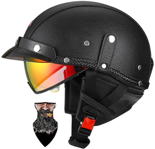 HALYING Casque Jet Moto Homme/Femme Homologué ECE - Demi-Casque Vintage Retro avec Visière Rétractable - Doublure Respirante Amovible Lavable - Boucle Rapide - pour Scooter/Cruiser
