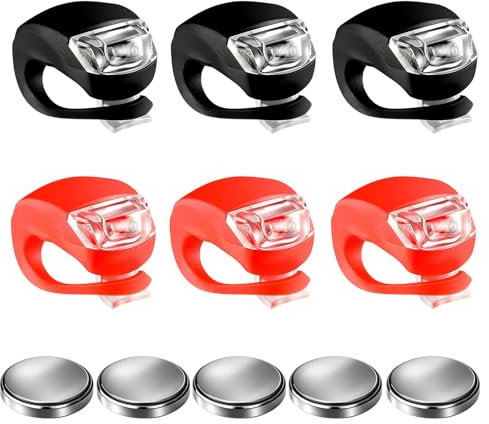 Swiftctrl 6 Luci LED per Bici + 5 Batterie CR2032 – Luci Anteriori & Posteriori in Silicone Impermeabile – 3 Modalità – Bianche & Rosse per Bicicletta, Jogging, Notte