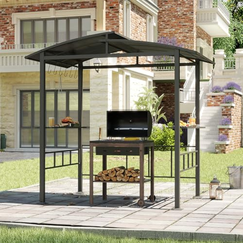 GOPLUS Tonnelle de Barbecue avec Toit Double en PC Ventilé, Étagères Latérales, Crochets, Abri de Barbecue Résistant aux Intempéries, pour Fêtes, Pique-Nique, Patio, Jardin, 248X150X232 CM
