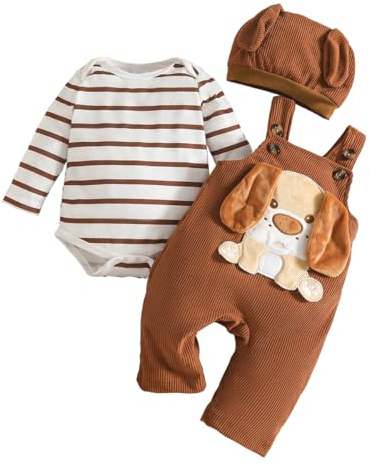 UUAISSO Vestiti per Neonato Maglie a Maniche Lunghe a Righe con Stampa di Dinosauri Tuta Regolabile con Bretelle Pantaloni Set di Abiti