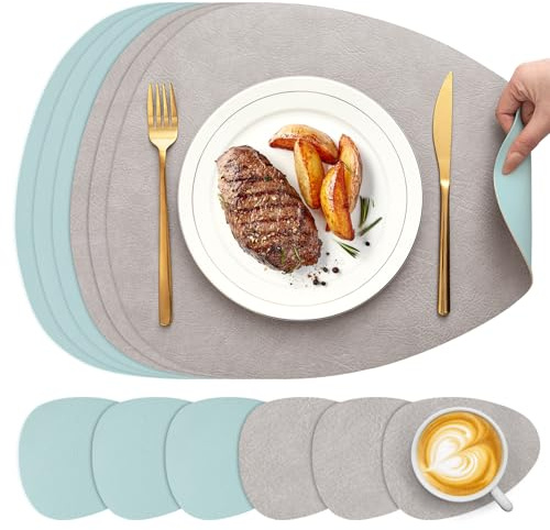 YIHELU Tischset Abwaschbar&Untersetzer,Doppelseitige Oval Platzsets 6er Set | Leder Platzsets Kunstleder rutschfest & Einfache Reinigung, Platzdeckchen Abwaschbar für Esszimmer