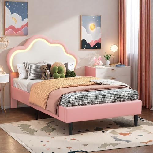 UnboxGermany Kinderbett 90 x 200 cm, gepolstert, für Mädchen, Einzelbett mit wolkenförmigem Kopfteil, Einzelbett mit verstellbarem Kopfteil und Lattenrost, LED, PU-Leder, Rosa