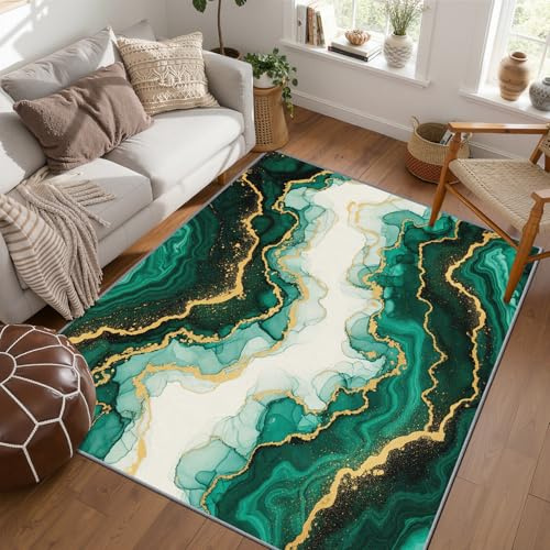 PaxGloz Marmor Teppich Grün - Teppiche Wohnzimmer Schlafzimmer Abstrakt Modern, Großer Teppich Smaragdgrün Gold, Weich Kurzflor & Waschbar & rutschfest Wohnzimmerteppich, Bettvorleger 160x230 cm
