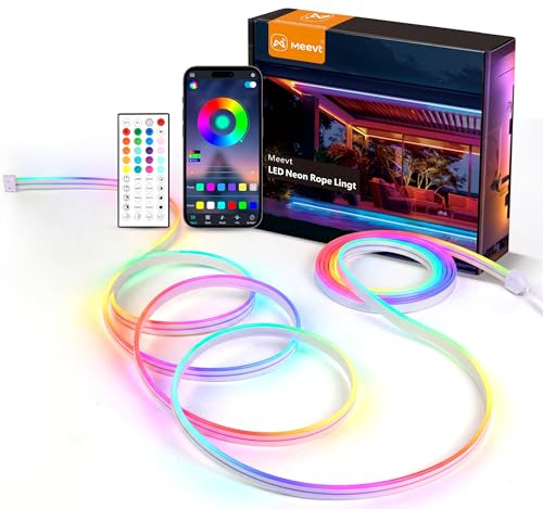 Meevt RGB Neon LED Strip 20m, 24V LED Streifen für Outdoor und Innenbereich | 72 LEDs/m, IP65, Weiches Silikonmaterial, 120° Seitenbeleuchtung, App und Fernbedienung, Musik Sync, Terrasse Garten Deko