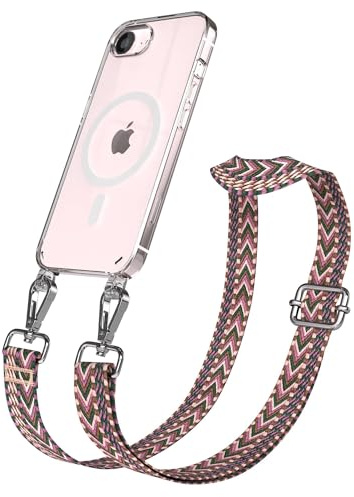 EAZY CASE Handykette - Verstellbares Taschenband kompatibel mit iPhone 17e, Schulterriemen, Handykordel mit Silikon Hülle, Qi Charging kompatibel, Umhängetasche, Beere Pink Silber