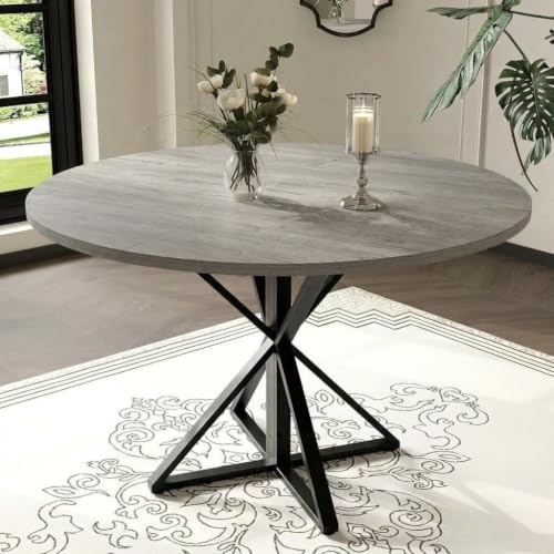 Garvee Esstisch Rund 120 cm, Moderner Küchentisch Esszimmertisch mit Metallbeinen im X-Design, Design Holztisch für Esszimmer Wohnzimmer Küche, Grau Holzoptik und Schwarz, Belastbarkeit 90 kg