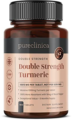 Double Strength Turmeric - 1000mg x 180 Tablets - Natural Levels of Curcumin - and 5mg Black Pepper Extract.