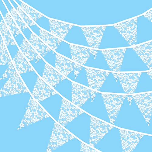 G2PLUS 10M Spitze Wimpelkette Weiß, Schöne Stoff Wimpelkette Hochzeit, 36 STK Draußen Garten Stoffgirlande, Vintage Stoff Wimpel Girlande für Hochzeiten oder Geburtstage