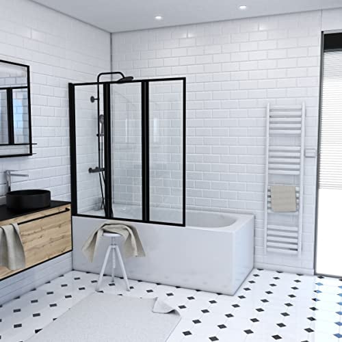 AURLANE Pare-Baignoire Pivotant 3 Volets Noir Mat - 125x143 cm - Verre Trempé 4 mm - ZAGGY Dark