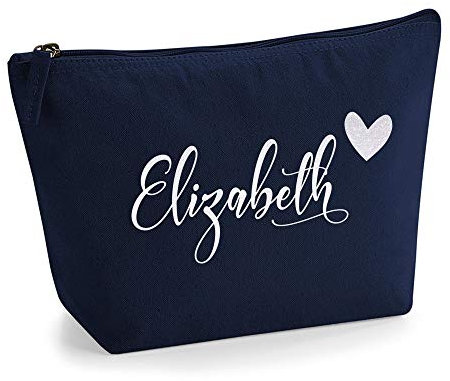 Personalisiert Name Initialen im Herz Design Kosmetiktasche Damen Schminktasche für Handtasche Makeup Tasche mit Texturdruck - Holo Weißer Glitzer - S | Marine Blau