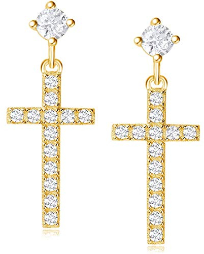 Damen Kreuz Ohrringe Ohrhänger aus 925 Sterling Silber Gelb Gold Plattiert mit Rundschliff Cubic Zirkonia Schmuck für Damen Mädchen Kinder - Größe: 22 * 10 mm