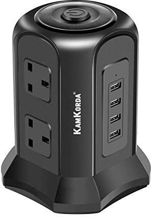 Extension Lead Tower with USB Slots | 6 Plug Sockets & 4 USB Ports Power Tower | Tower Extension Lead with 2M Cable & Switches for Home/Office Charging (Black)