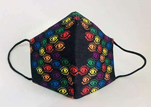 Wiederverwendbare Maske, bedruckt mit schwarzen Augen, lustig, bunt und elegant.