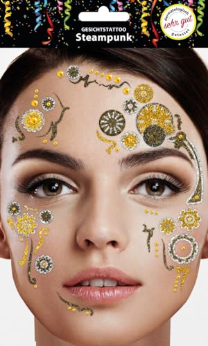 Gesichtstattoo - Glitzer Aufkleber Klebetattoos Temporäres Glitter Face Tattoo Motto Party Karneval Halloween (Steampunk Gold)
