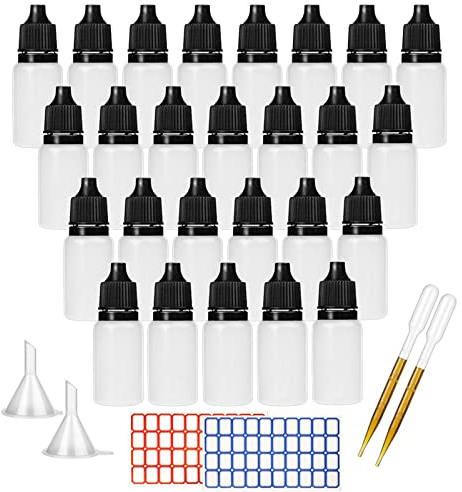 DONQL 26 Stück Augentropfenflasche Tropfflasche Squeezable Dropper Bottles Liquid Behälter Dropper Bottle 10ml Flaschen für Liquid with 2SET Aufkleber, 2Stück Trichter, 2 Reagenzglas und 1 Spritze