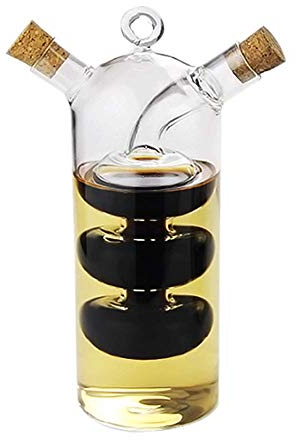 WINAKUI Bouteilles distributrices d'huile d'olive et de vinaigre, 2 en 1 en verre transparent, double distributeur d'huile en verre pour récipient de cuisine
