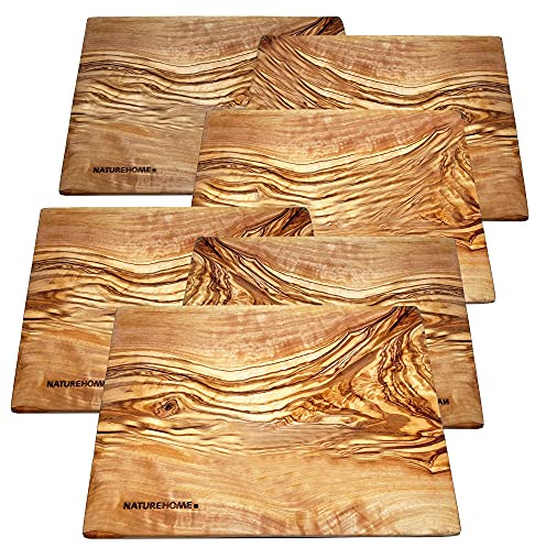 NATUREHOME Set di 6 piatti da dessert rettangolari, 20 x 15 x 1 cm, in legno d'ulivo massiccio, da coltivazione biologica, piatti da dessert rettangolari, piatti da antipasto, piatti da frutta
