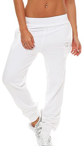 Gennadi Hoppe Damen Jogginghose Frauen Trainingshose Mädchen Sporthose Sweathose Laufhose Jogger Freizeithose Baumwolle lang bequem weich kuschelig lässig sportlich modern M weiße weiß H7726