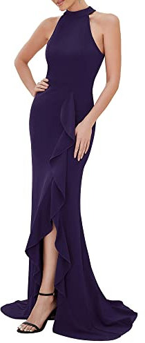 Ever-Pretty Vestiti da Cerimonia Alta Elasticità Vestiti da Donna con Spacco Sirena Collo Alto Elegante Lungo Abito da Sera Viola Scuro 4XL