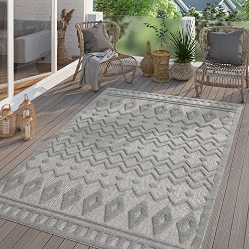 TT Home In-& Outdoor Teppich Wetterfest Balkon Küche Wohnzimmer Boho Skandi Design, Farbe: Grau 3, Größe:140x200 cm