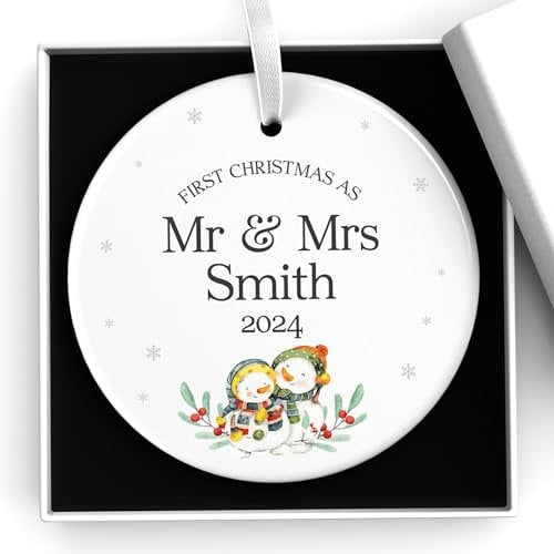 First Christmas As Mr and Mrs 2025 Ornament, Personalised Our First Christmas Married Wedding Keepsake, 1st Xmas Married Ceramic Snowman Design, With Gift Box