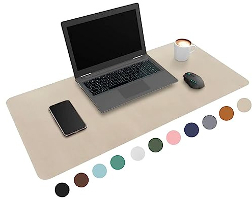 WURK Schreibtischunterlage [80 cm x 40 cm] - Premium Qualität - Mauspad - Große Schreibunterlage - Mauspad XXL - Rutschfeste Unterlagenmatte - Desk Mat - PU Leder Inklusive Kabelclip (Beige)