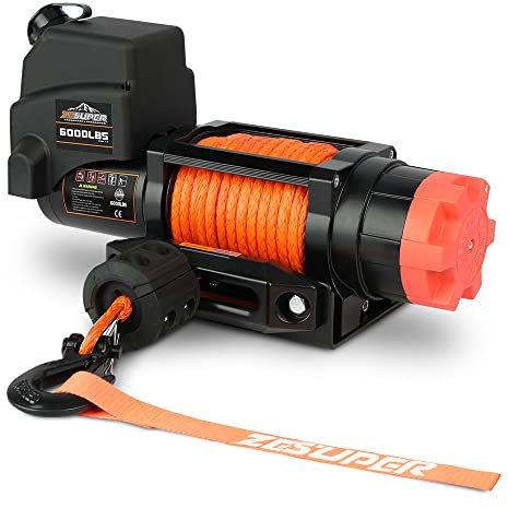 ZESUPER 6000lb Waterproof IP67 Electric Winch for UTV ATV, with Synthetic Rope and Hawse Fairlead, with Both Wireless Handheld Remote and Corded Control