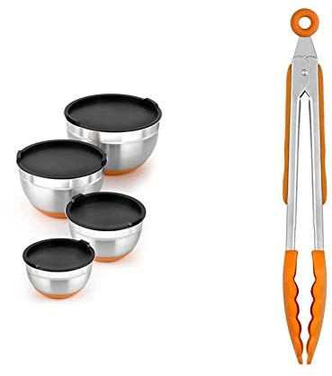 BRA Efficient- Set de 4 boles de acero inoxidable (12-16-20-24 cm) & Efficient Pinza de Cocina, Acero INOX, Nailon y Silicona, Naranja, 28.5 cm