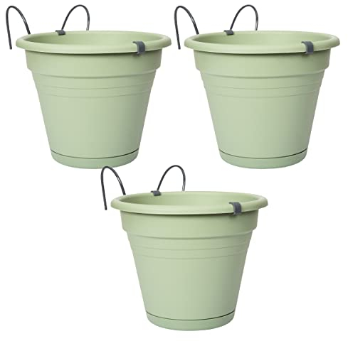 3 x Hangpot en plastique - Jardin Balcon Pot de fleurs avec débordement d'eau D.20 H17 cm - Vieux vert