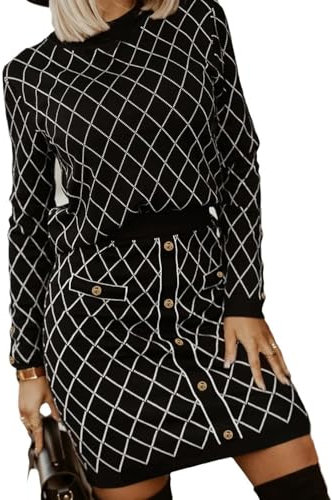 TAOVK 2-teiliges Set aus Pulloverrock für Damen, Gitterstrick, Pullover, Rock und Pullover, Schwarz, S